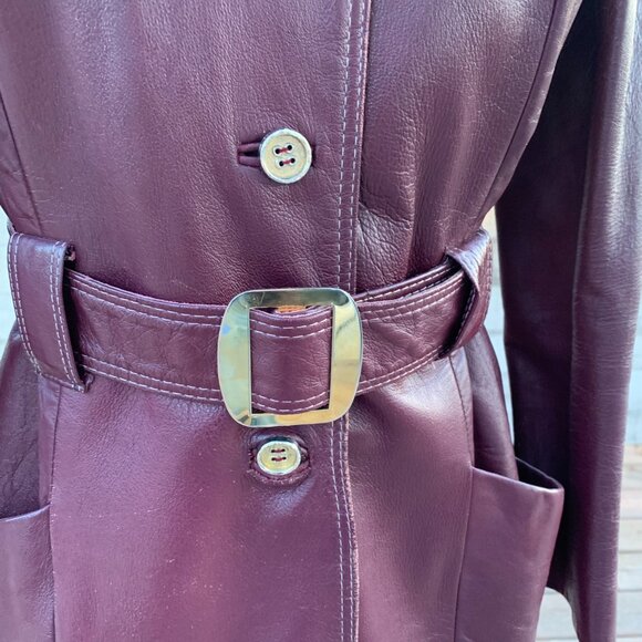 Vintage Di Costa Leather Overcoat Trench Coat Small Burgundy Belted 60s - Picture 3 of 16